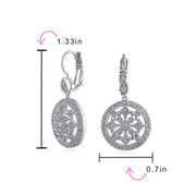 Shield Circle Round Compass CZ Prom Dangle Earrings Silver Plated