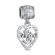 Set of 2 Heart Grandma Dangle & Flower Garden Black Rose Charm Bead Silver