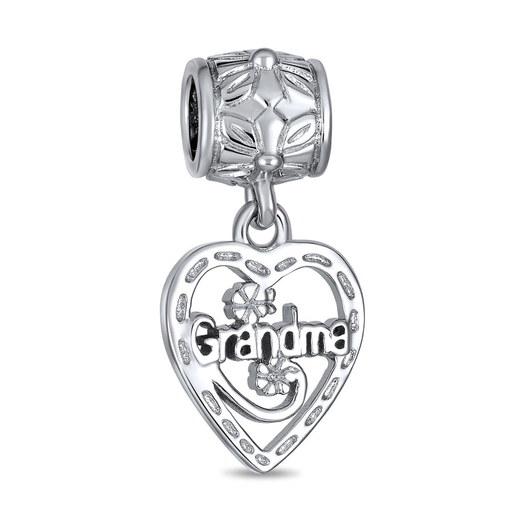 Set of 2 Heart Grandma Dangle & Flower Garden Black Rose Charm Bead Silver