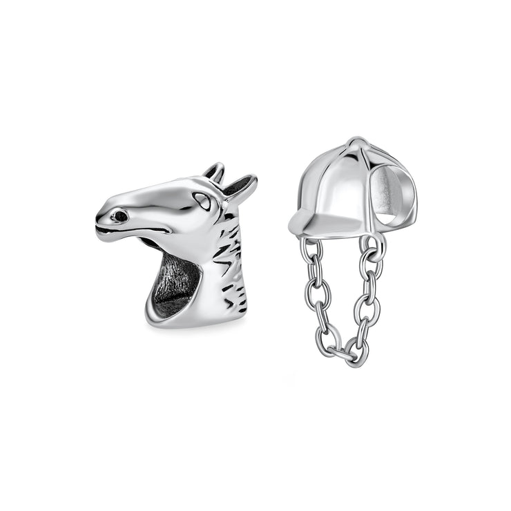 Set of 2 Western Horse and Jockey Equestrian Cap Hat Charm Bead Sterling Silver