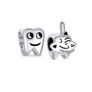 Set of 2 Smiling Tooth and Fairy Dentist Charm Bead Oxidized Sterling Silver