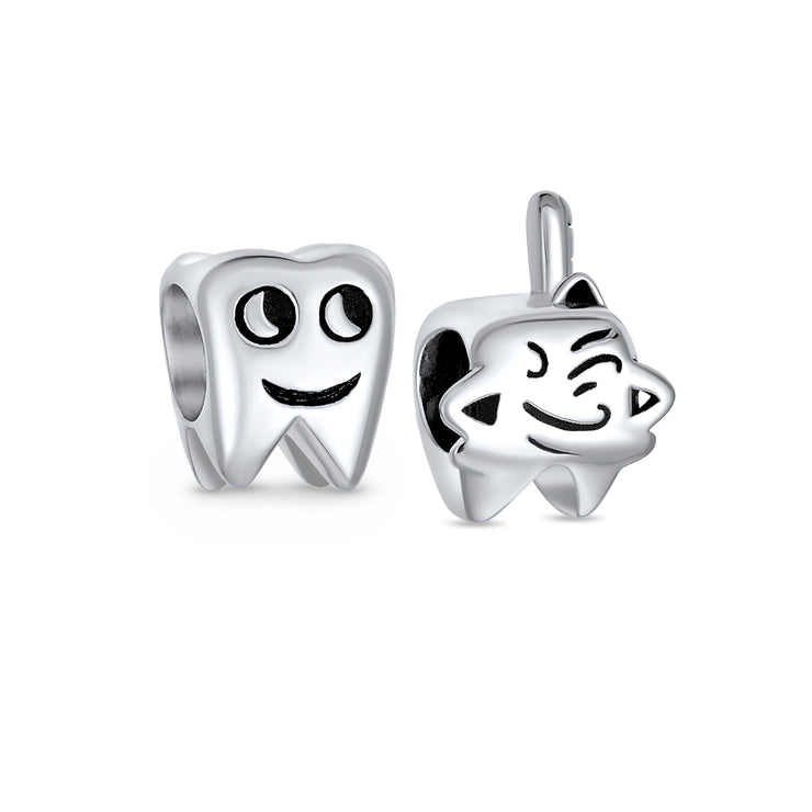 Set of 2 Smiling Tooth and Fairy Dentist Charm Bead Oxidized Sterling Silver