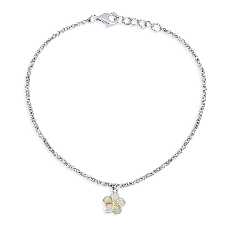 Created White Opal Plumeria Flower Anklet Link Chain Sterling Silver
