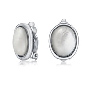 Oval MOP Bezel Dome Button Style Clip On Earrings Ears Silver Plated