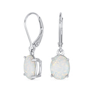 Classic White Opal Oval Solitaire Dangle Gemstone Earrings in Sterling Silver