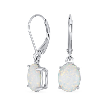 Classic White Opal Oval Solitaire Dangle Gemstone Earrings in Sterling Silver