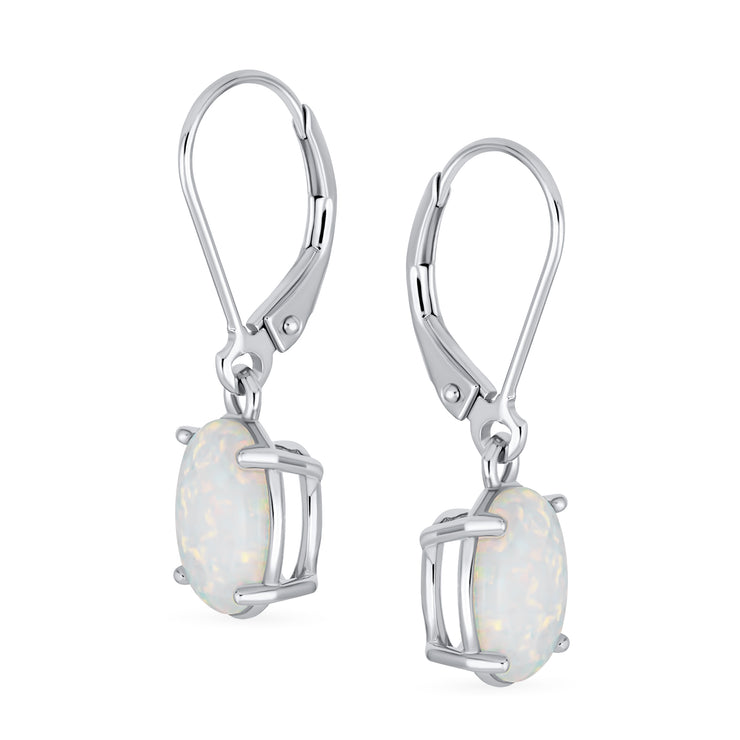 Classic White Opal Oval Solitaire Dangle Gemstone Earrings in Sterling Silver