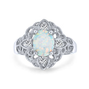 Oval Flower White Created Opal Full Finger Ring .925 Sterling Silver