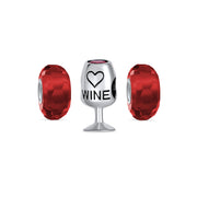 Set of 3 Sommelier Red Wine Glass CZ & Faceted Translucent Red Glass Charm Bead