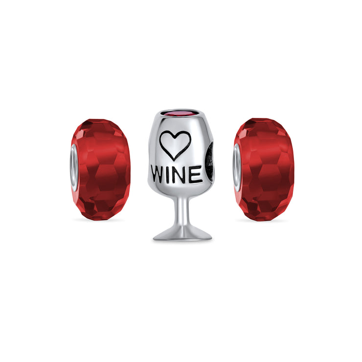 Set of 3 Sommelier Red Wine Glass CZ & Faceted Translucent Red Glass Charm Bead