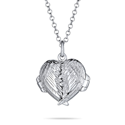 Guardian Angel Wing Feather Heart Photo Locket Pendant Matte Silver SM