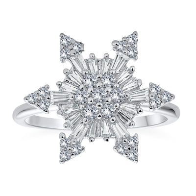 Winter Holiday Cocktail Statement Ring: Clear CZ Flower Snowflake Spinner Sterling Silver