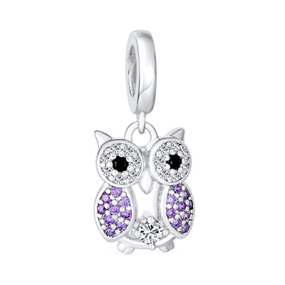 Wise Graduate Owl Bird Purple CZ Charm Bead For Book Worm .925 Silver