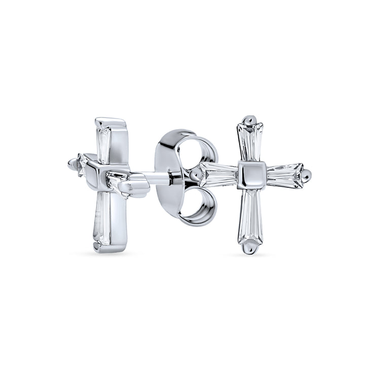 Cross Communion Baguette Stud Earrings Cubic Zirconia Sterling Silver