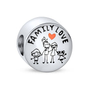 Round Words Cartoon Family Love Charm Bead Pink Heart Sterling Silver