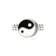 Set of 2 Black White Yin Yang Yogi Gymnastics Yoga Pose Charm Bead Enamel Silver