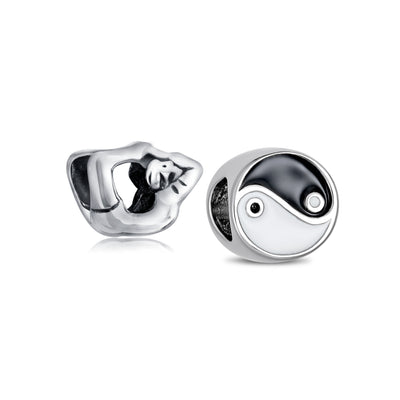 Set of 2 Black White Yin Yang Yogi Gymnastics Yoga Pose Charm Bead Enamel Silver