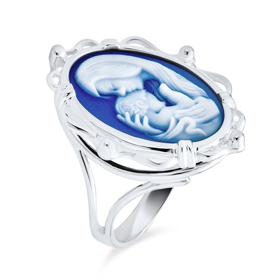 Classic Vintage Style Blue White Cameo Silver Ring for Mom - Victorian Lady Design