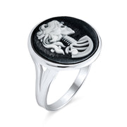 Vintage Black White Cameo Silver Ring Punk Rock Biker Jewelry Sterling