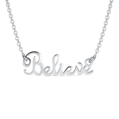Sideways Script Word Believe Necklace Pendant .925Sterling Silver 16"