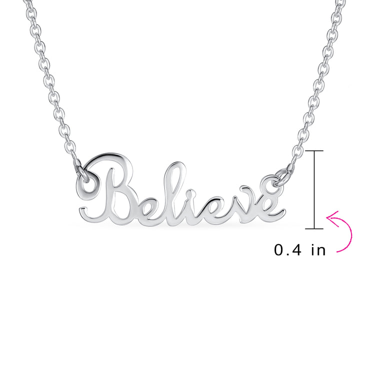 Sideways Script Word Believe Necklace Pendant .925Sterling Silver 16"